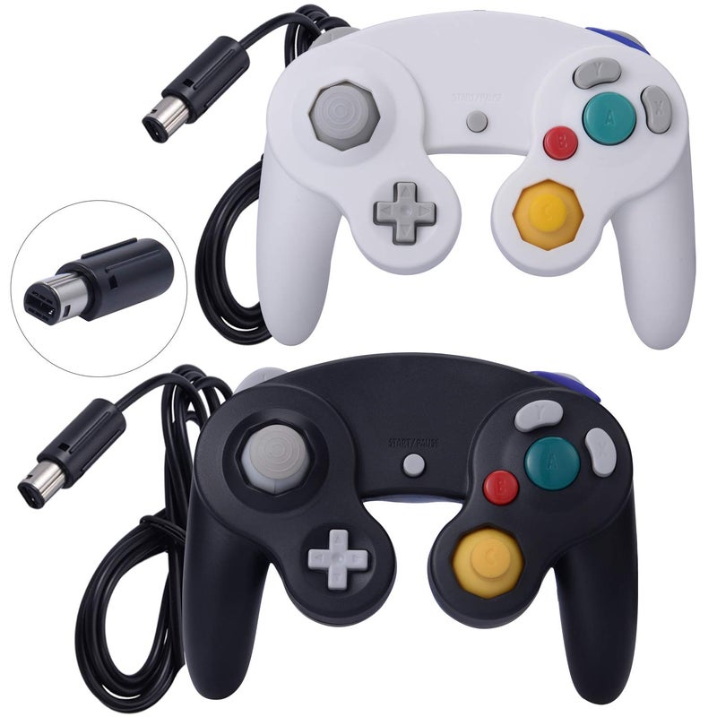 ONE250 2 Pack Classic Shock Joypad Wired Controller, Compatible with Wii NGC Gamecube Game Cube (Black & White) - Image 1